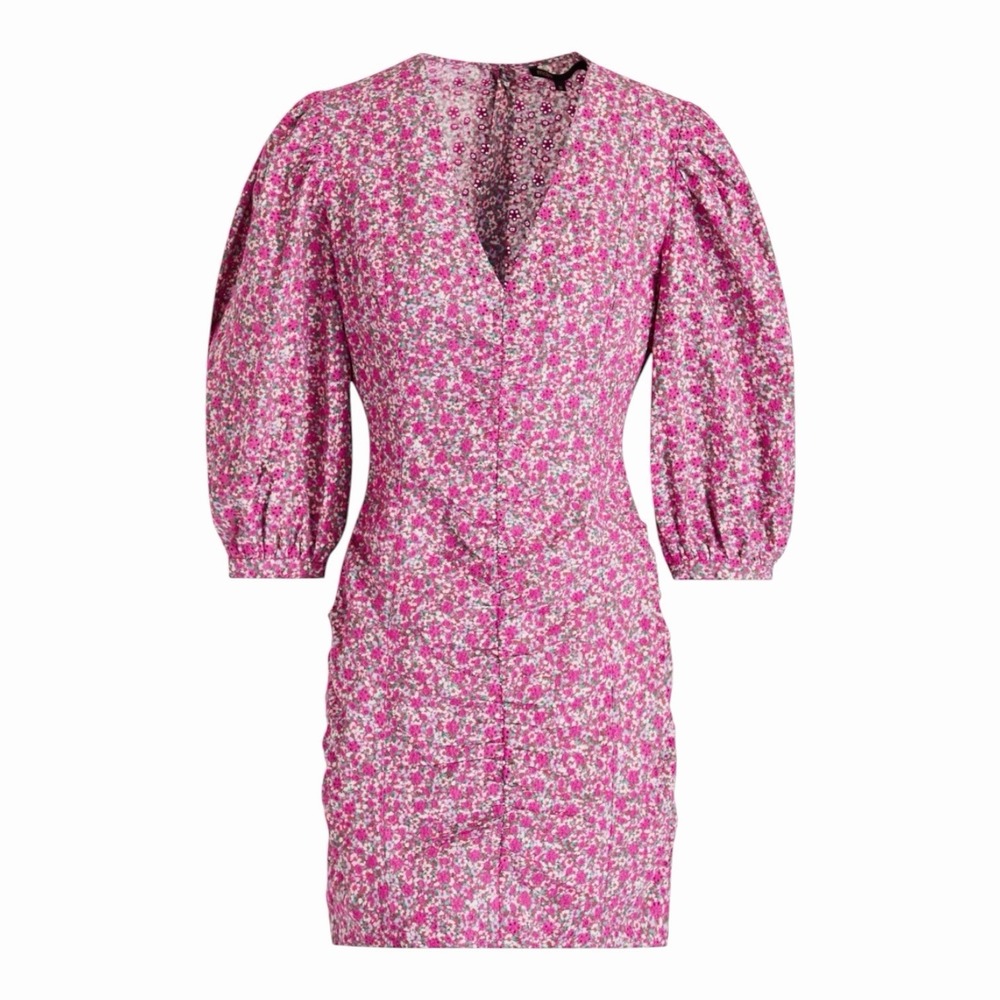Maje Ryad Floral Eyelet Cotton Ruched Puff Sleeve Mini Dress Pink FR 38, US Med